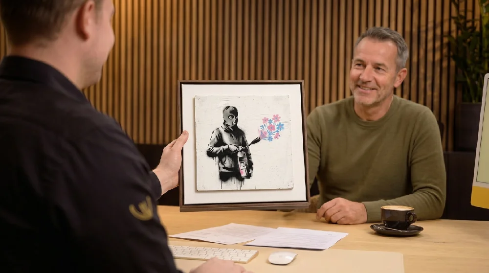 Een ingelijst Banksy kunstwerk dat wordt gepresenteerd of vastgehouden