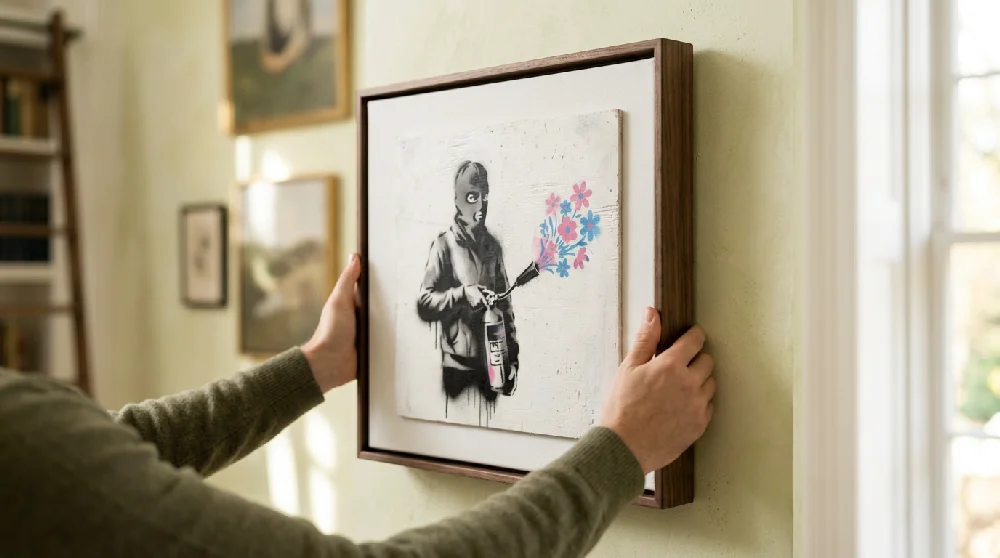 Ingelijst zwart-wit stencil kunstwerk in de herkenbare street art stijl van Banksy