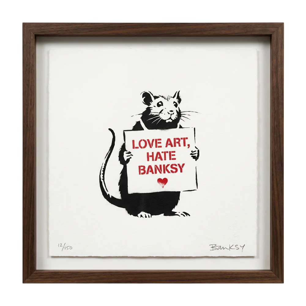Banksy Gesigneerde Print Money met een roze hart op een muur