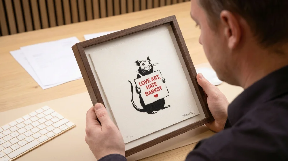 Twee mensen overleggen bij een Banksy Gesigneerde Print, bezig met een taxatie.