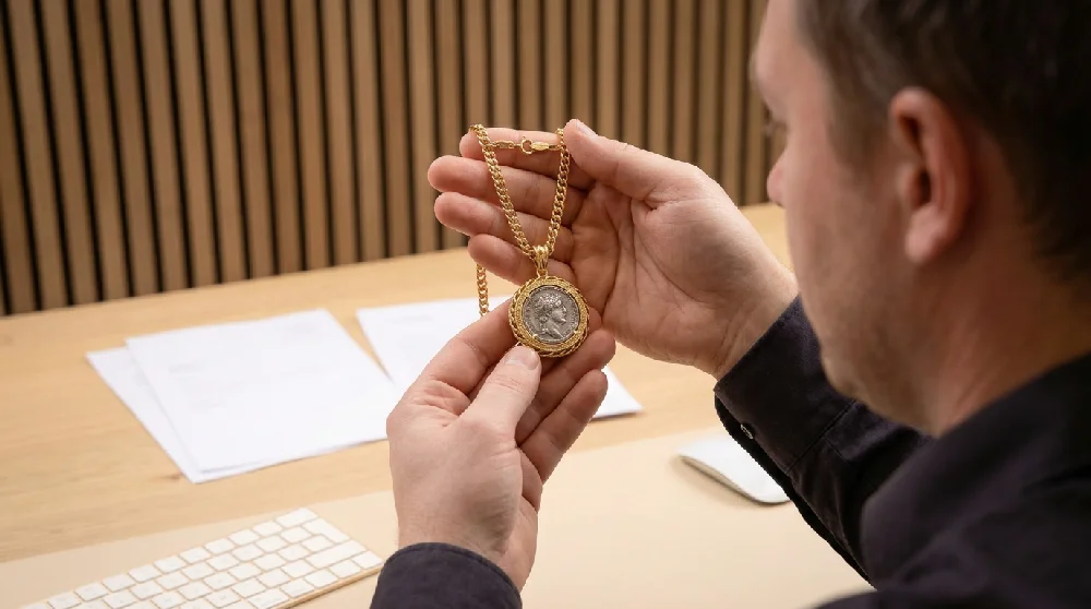 Luxe goud-met-stalen chronograaf horloge met een bruine lederen band.