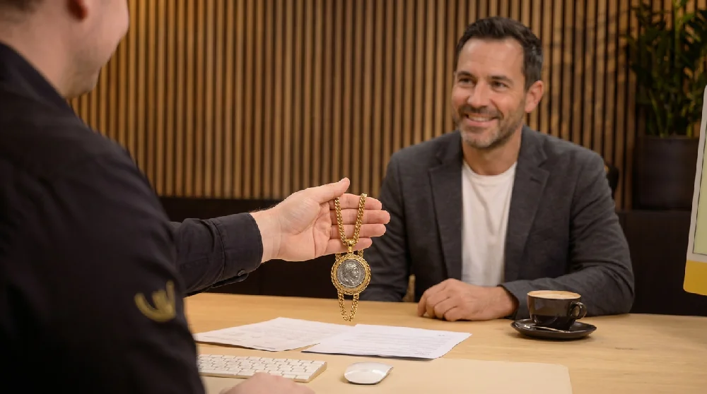 Luxe goud-met-stalen chronograaf horloge met een bruine lederen band