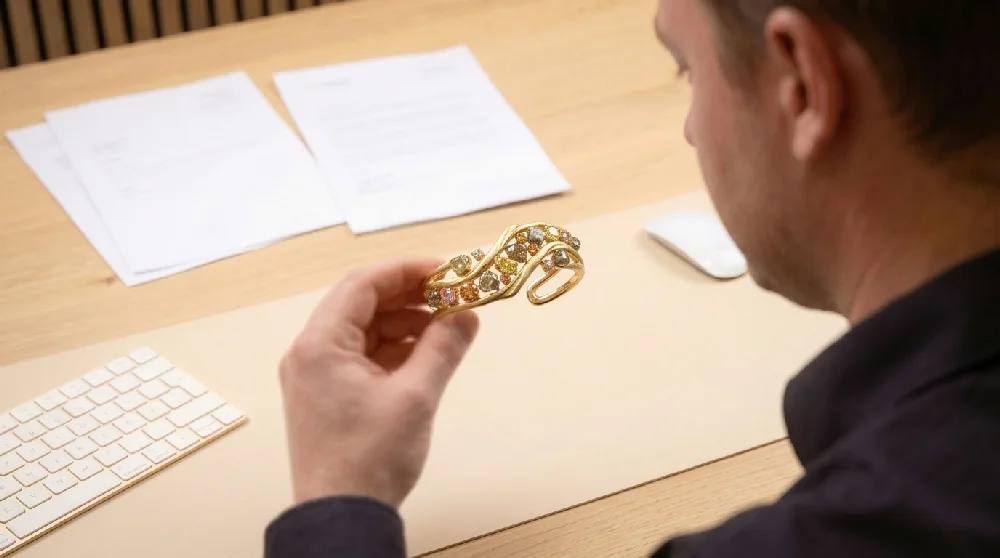 Een discreet en professioneel taxatiegesprek voor een exclusief diamanten sieraad aan tafel