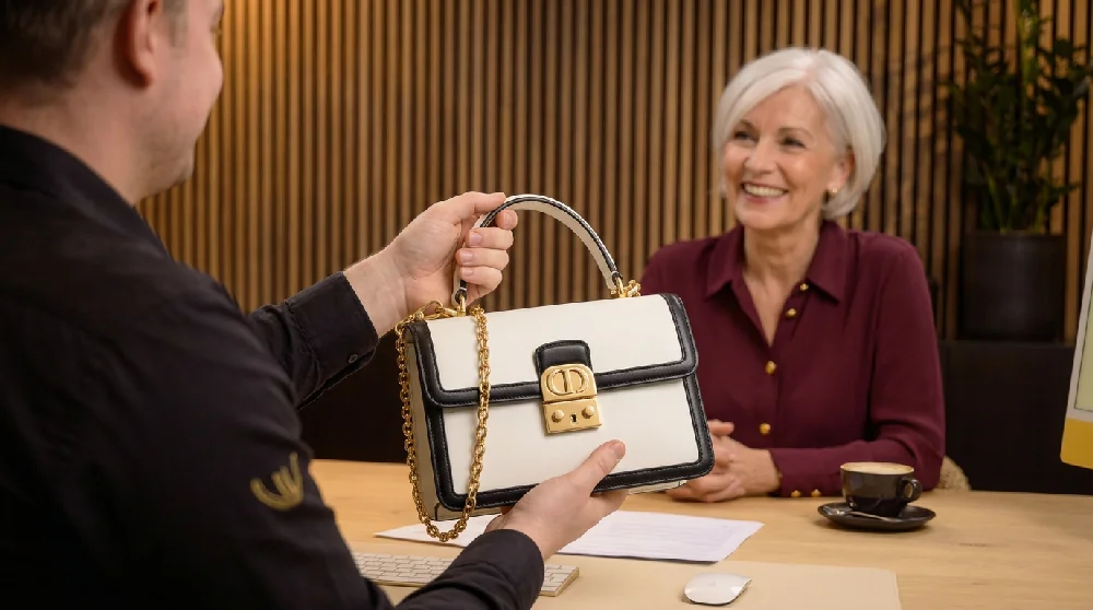 Iemand die op een mobiele telefoon een online aanvraag invult voor een luxe Dior item