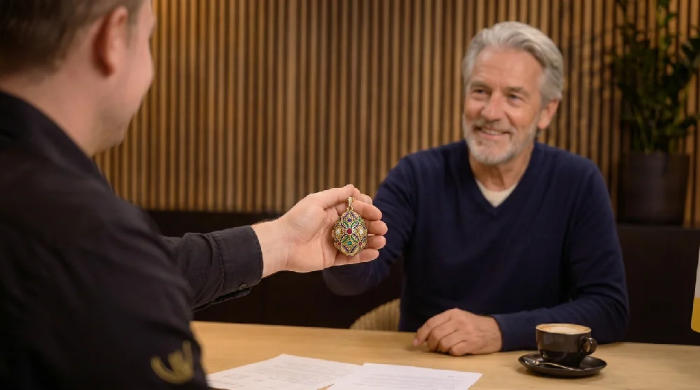 Iemand die op een mobiele telefoon een online aanvraag invult voor een Fabergé sieraad