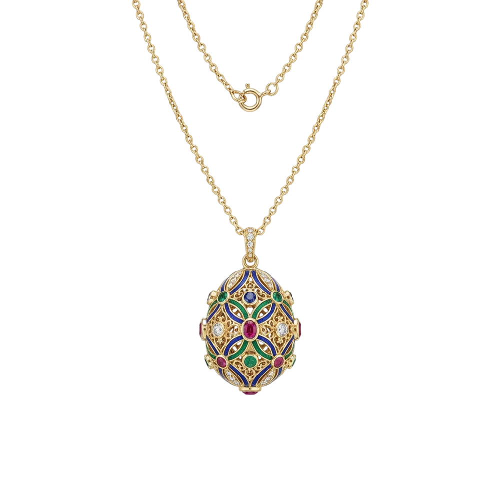 Exclusieve gouden Fabergé ei-hanger met edelstenen aan een ketting