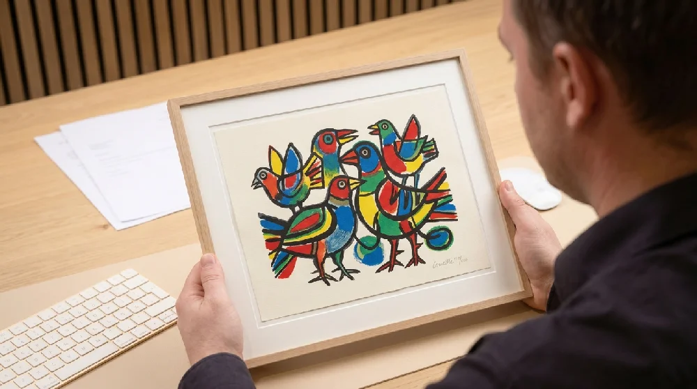 Medewerker bekijkt een Corneille Lithografie & Zeefdruk