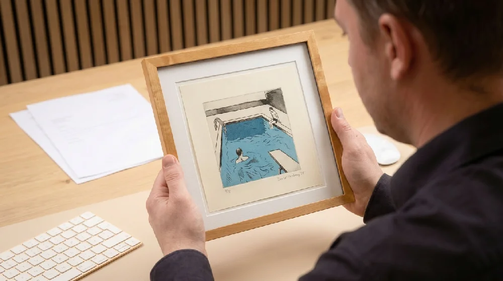 Een kunstexpert onderzoekt een Lithografie & Ets voor taxatie.