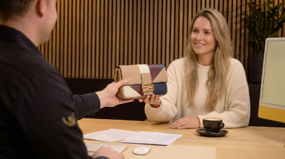 Iemand die online een aanvraagformulier invult voor een Fendi item op een mobiele telefoon