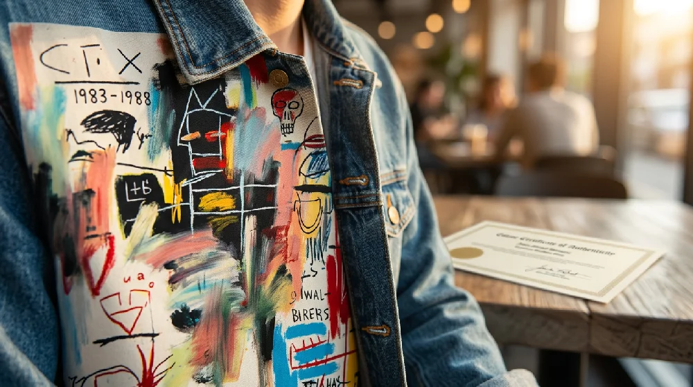 ersoon die een jasje draagt met een opdruk van het Jean-Michel Basquiat-kunstwerk 'SAMO NEW YORK'.