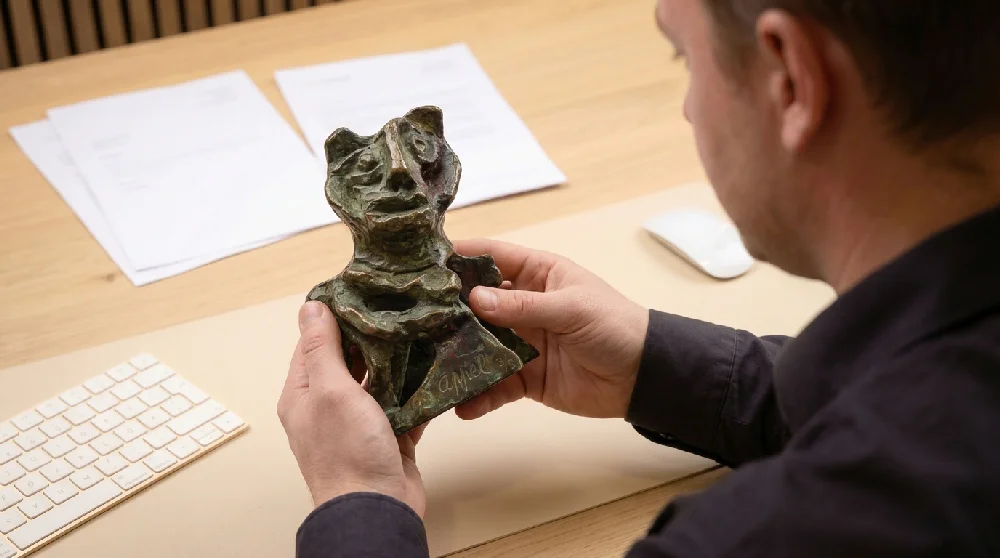 Een man bekijkt een klein kattenbeeldje aan een bureau tijdens een afspraak bij Vandaag Verpanden.