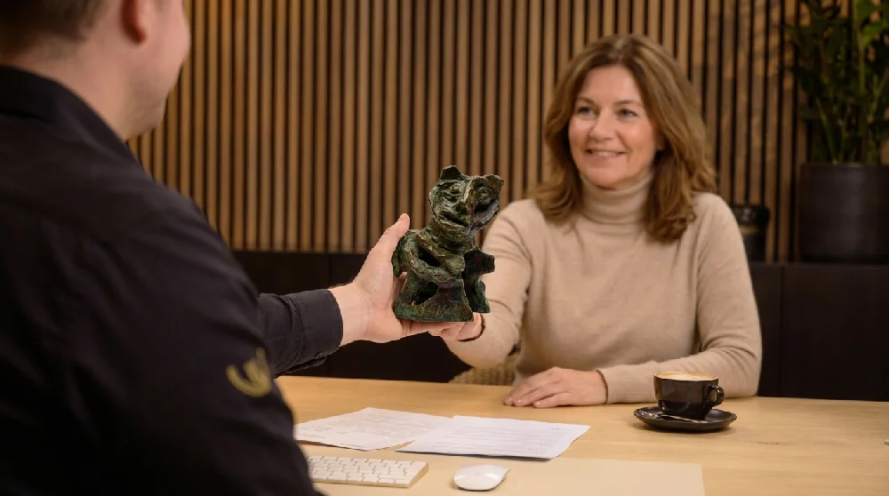 Een vrouw zit aan een bureau tegenover een man en toont een klein kattenbeeldje tijdens een verpandingsgesprek.