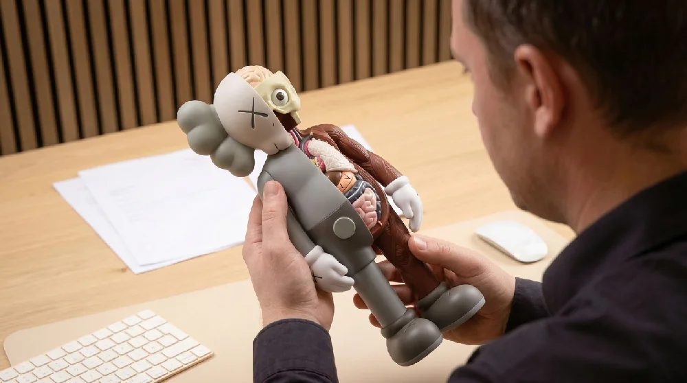 Een man houd het KAWS Companion-beeld vast