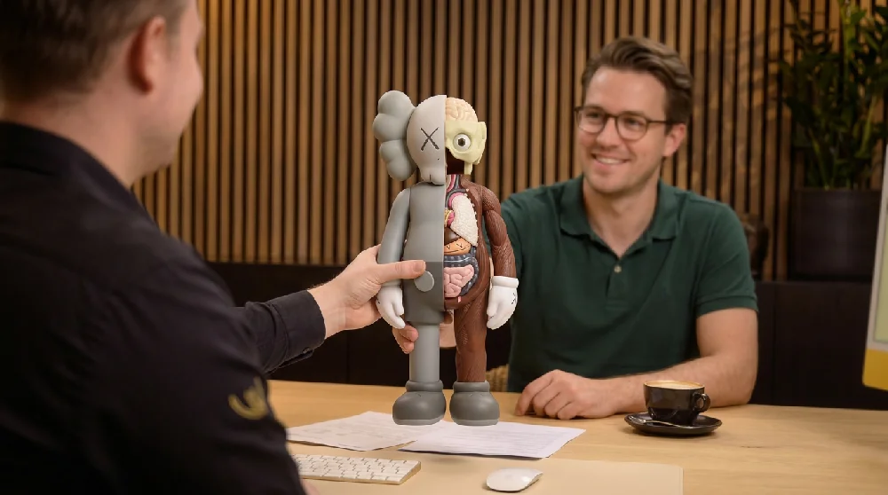 Een man zit aan een bureau terwijl het KAWS Companion-beeld wordt verpandt.