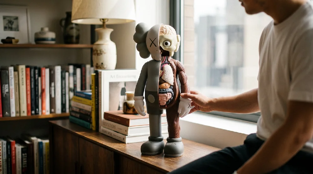 Het KAWS beeld staat in een bruine woonkamer. 