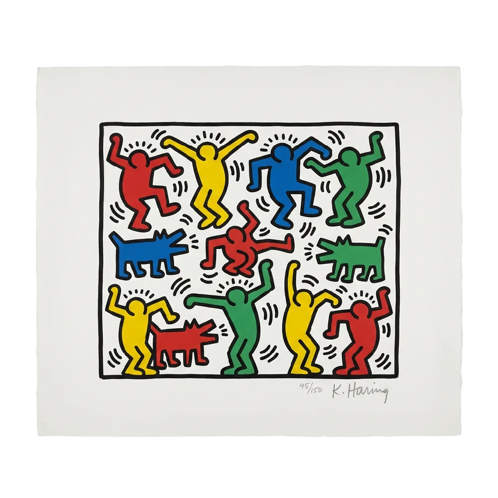 Close-up van een ingelijste Keith Haring Screen Prints aan een witte muur