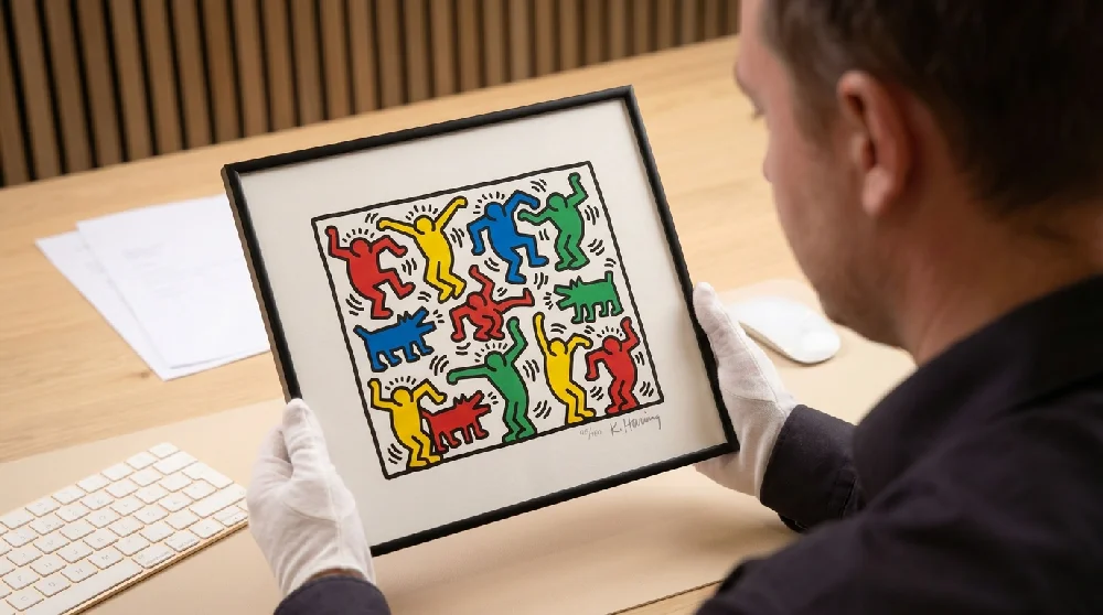Deskundige inspecteert een Keith Haring Screen Prints tijdens een taxatieafspraak