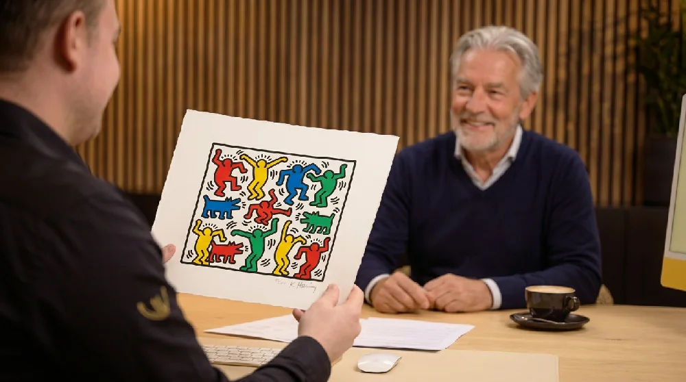 Persoon vult online formulier in voor taxatie van een Keith Haring Screen Prints