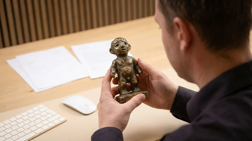 Expert bekijkt en taxeert een bronzen beeld met een loep