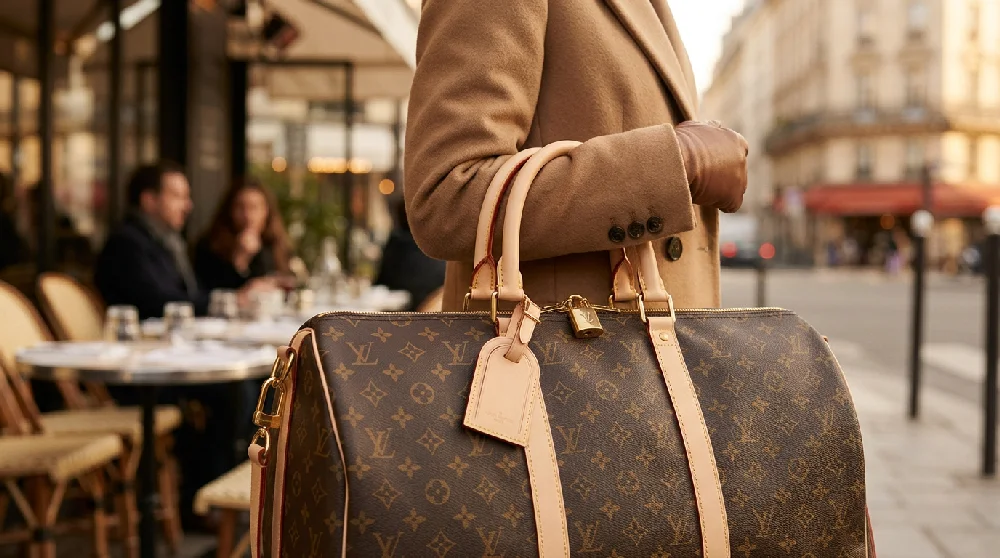 Vrouw heeft de Louis Vuitton tas gekocht en loopt ermee op straat. 