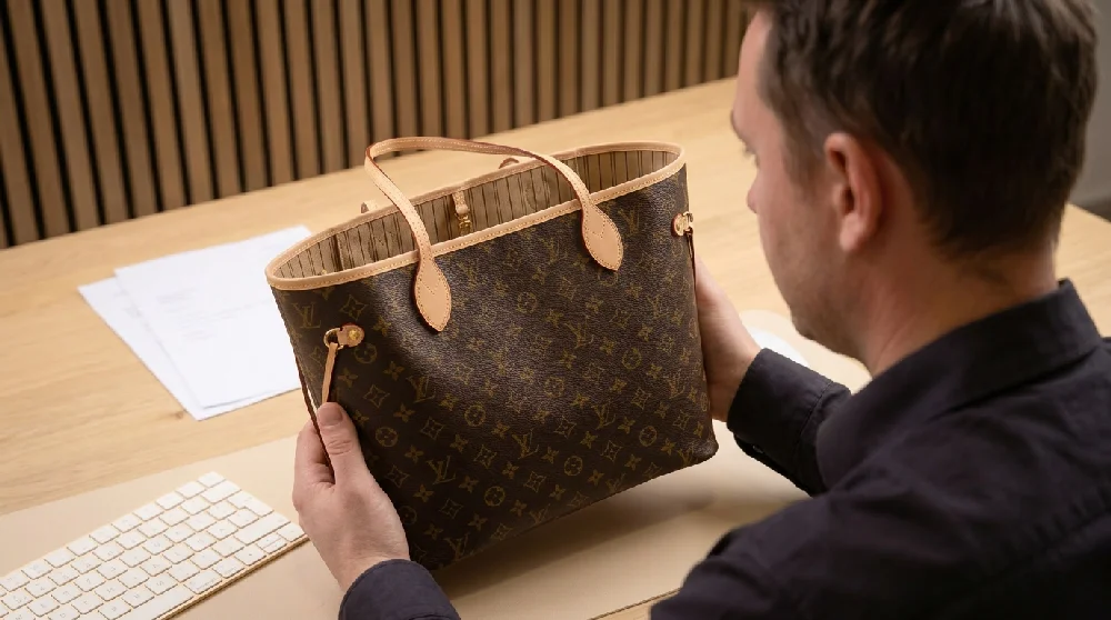 Man overhandigt Louis Vuitton Neverfull aan Vandaag Verpanden medewerker