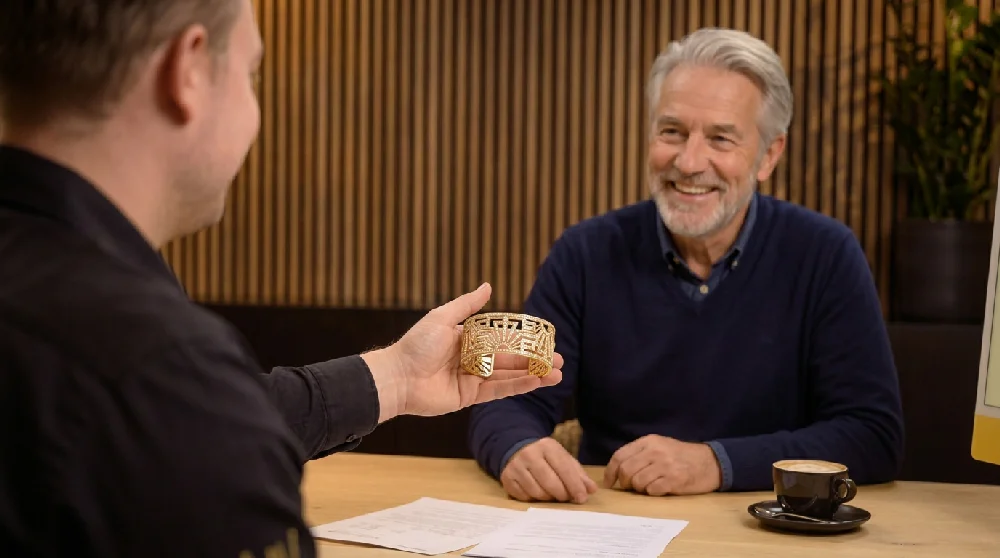 2 mannen hebben een gesprek over het verpanden van een goude sieraad.