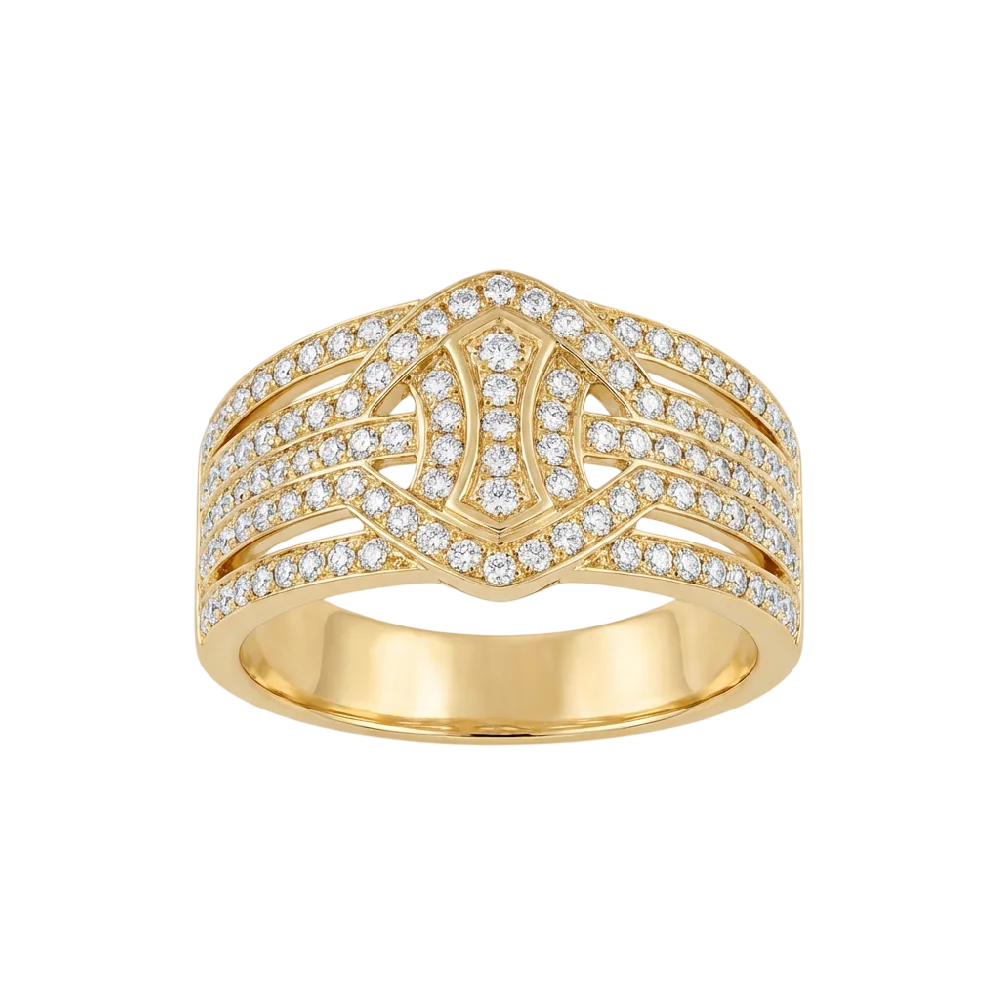 Een goude ring met zilveren details erin. 
