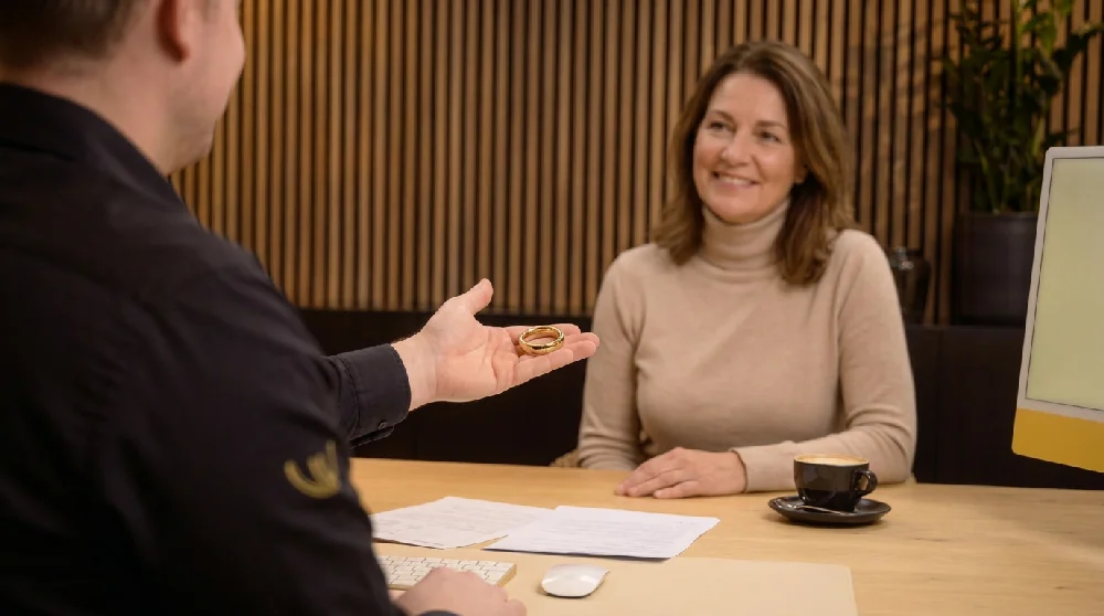 Man en vrouw zijn in gesprek om de sieraden te verpanden