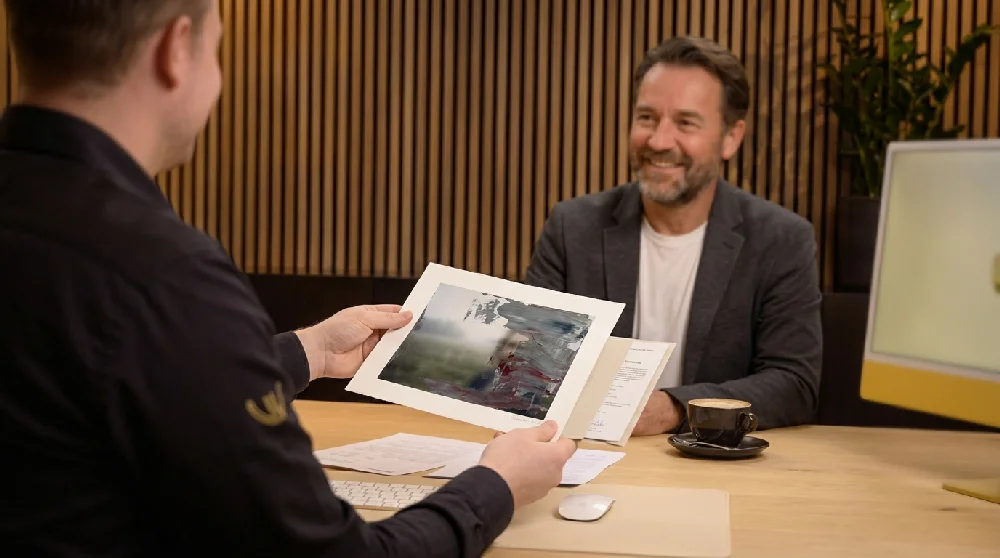 Een hand vult een digitaal formulier in op een tablet, met de focus op het aanvraagproces voor een Gerhard Richter Editie bij Vandaag Verpanden