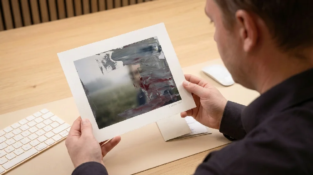 Twee mensen, met een professionele uitstraling, inspecteren nauwkeurig een ingelijste Gerhard Richter Editie in een galerie-achtige setting, wat de taxatie benadrukt