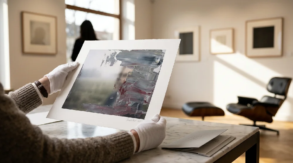 Een beveiligde kluisruimte met kunstwerken achter glas, waaronder een Gerhard Richter Editie, veilig opgeslagen en goed verlicht