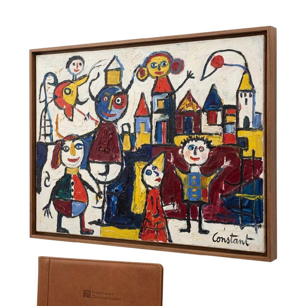 Close-up van een Constant Nieuwenhuys Olieverf in abstracte stijl met felle kleuren en organische vormen