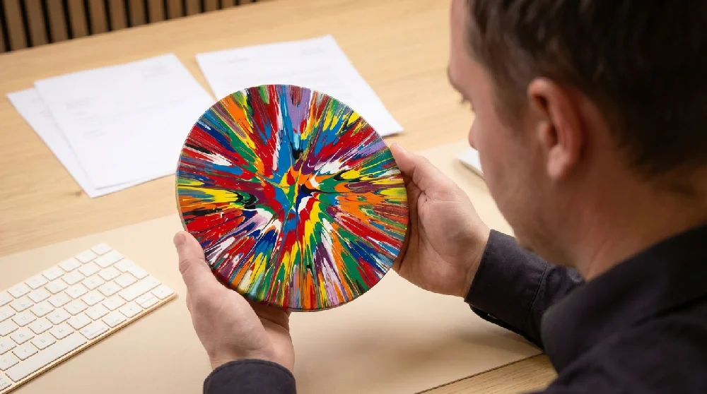 Een kunsttaxateur die een schilderij inspecteert met een loep.