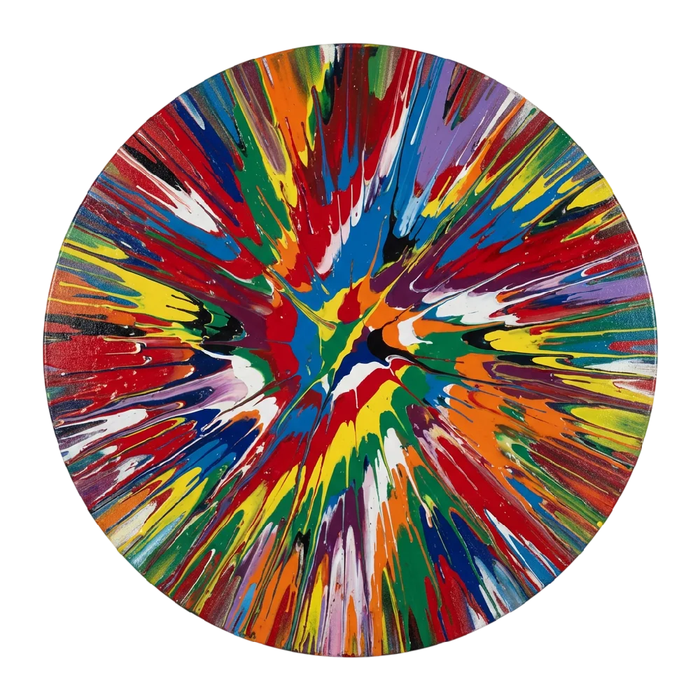 Kleurrijk rond schilderij van Damien Hirst, een 'Spin Painting', met heldere verfspatten.