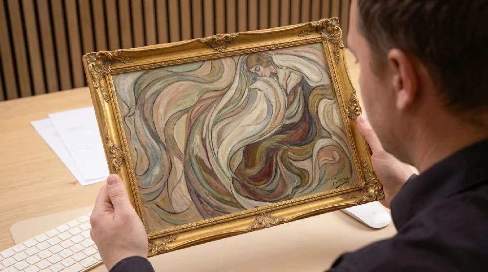 Kunstexpert die een Symbolisme & Art Nouveau schilderij van Jan Toorop examineert tijdens taxatie