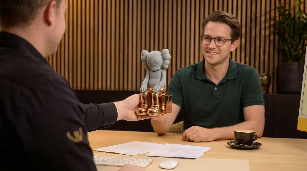 Hand die een KAWS Companion sculptuur fotografeert. Dit met een smartphone. Dit voor de aanvraag.