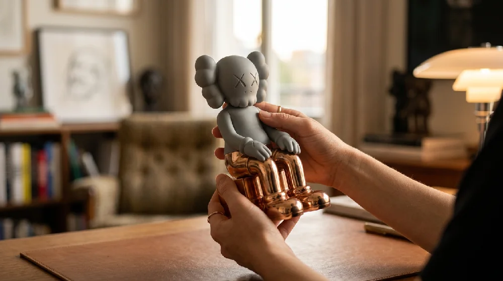 Een KAWS Companion sculptuur veilig opgeborgen achter glas. Dit in een museum-achtige vitrine.