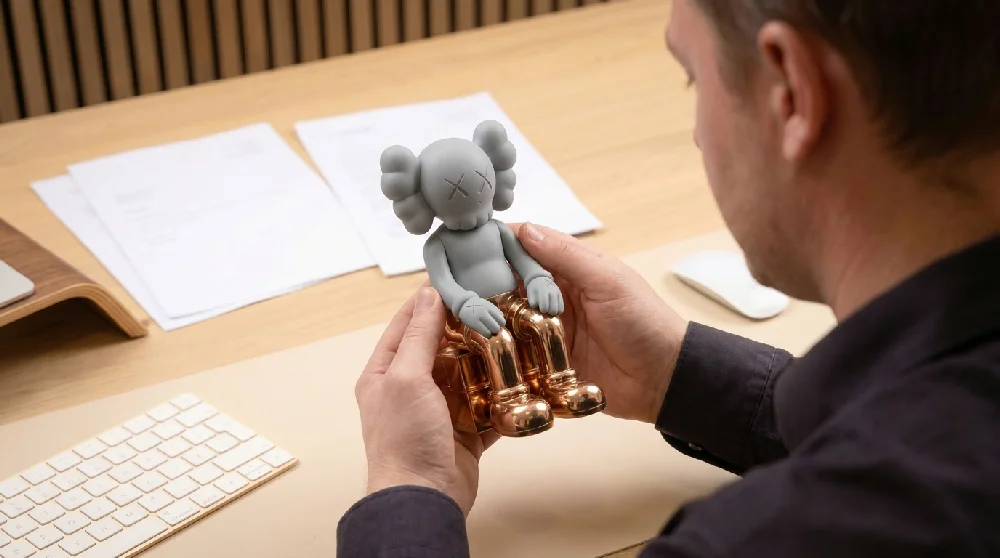 Een medewerker die een KAWS Companion sculptuur zorgvuldig inspecteert en taxeert. Dit in een professionele omgeving.