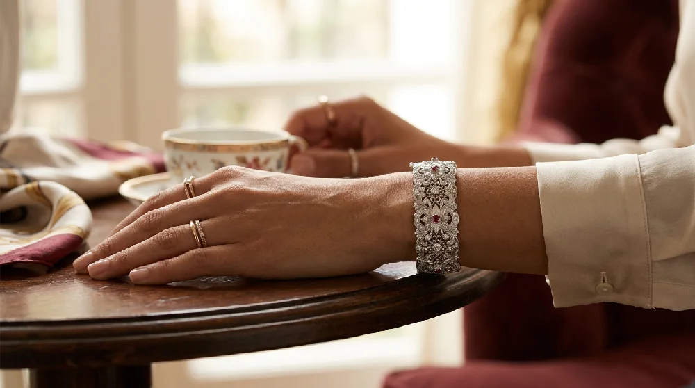 Beveiligde kluis met diverse luxe sieraden, waaronder een Buccellati Ramage.