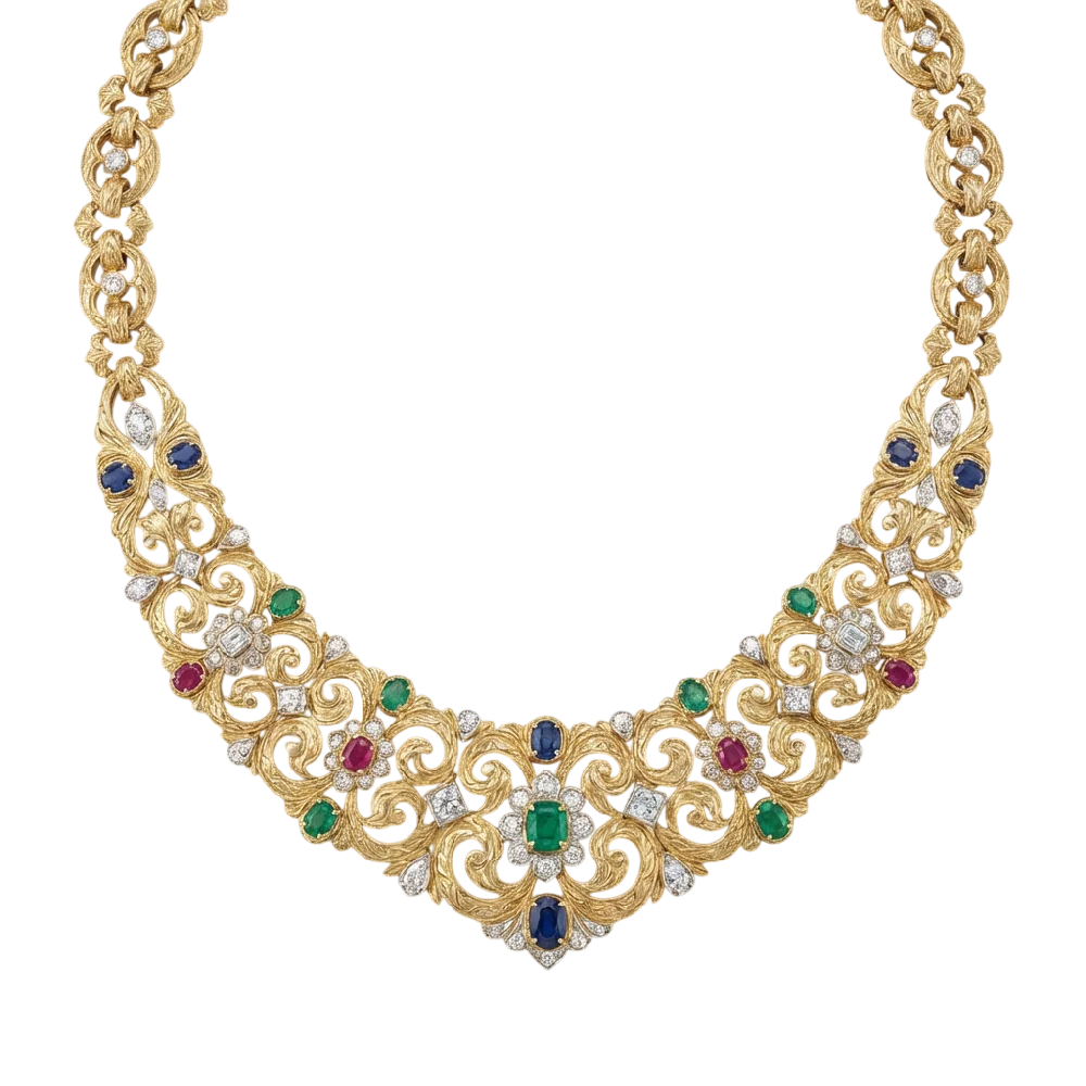 Buccellati Opera collectie sieraad, met gouden details en edelstenen op een witte achtergrond