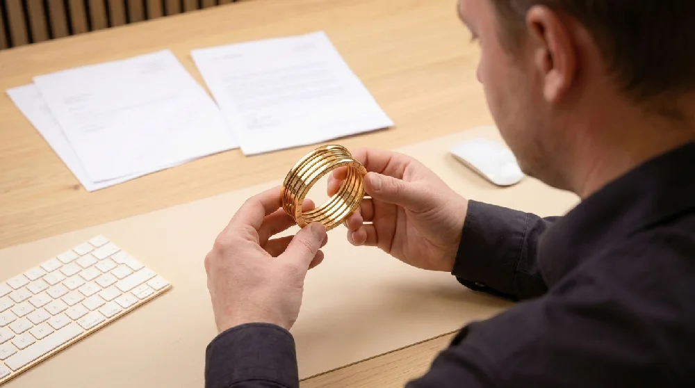 Expert die een Bvlgari B.zero1 ring onderzoekt met een loep, op een houten tafel met sieradengereedschap.