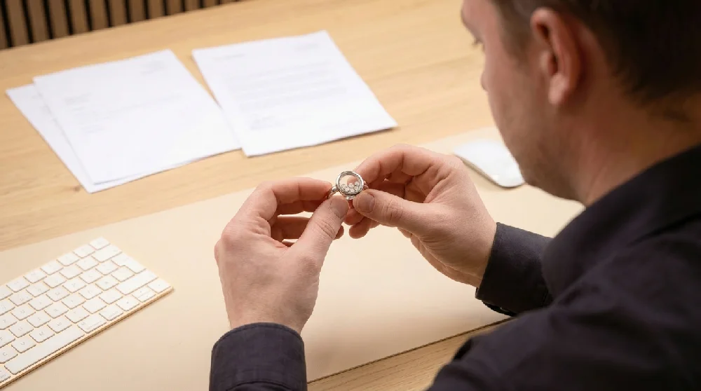 Een expert taxeert een Chopard Happy Diamonds sieraad op een tafel