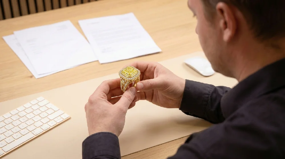 Man en vrouw bekijken Graff Solitaire ring. Taxatie door expert.
