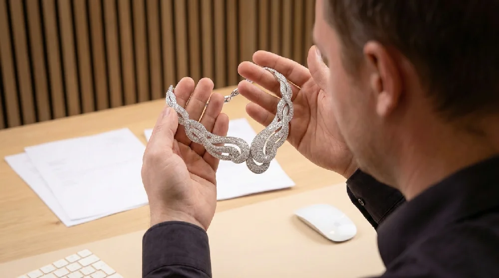 Een juwelier taxeert een Graff Threads sieraad met specialistische apparatuur