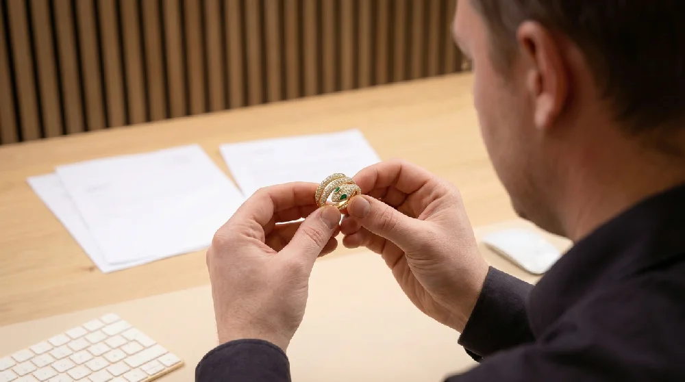 Handen taxeren een Gucci Ouroboros sieraad tijdens een afspraak bij Vandaag Verpanden