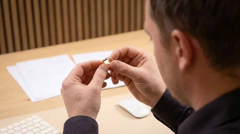 Juwelier inspecteert Niessing Spannring met loep op sieraad in rustige omgeving