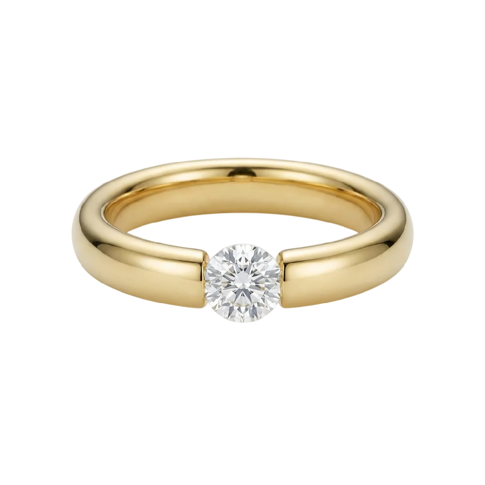 Prachtige Niessing Spannring met gouden band en fonkelende diamant centraal