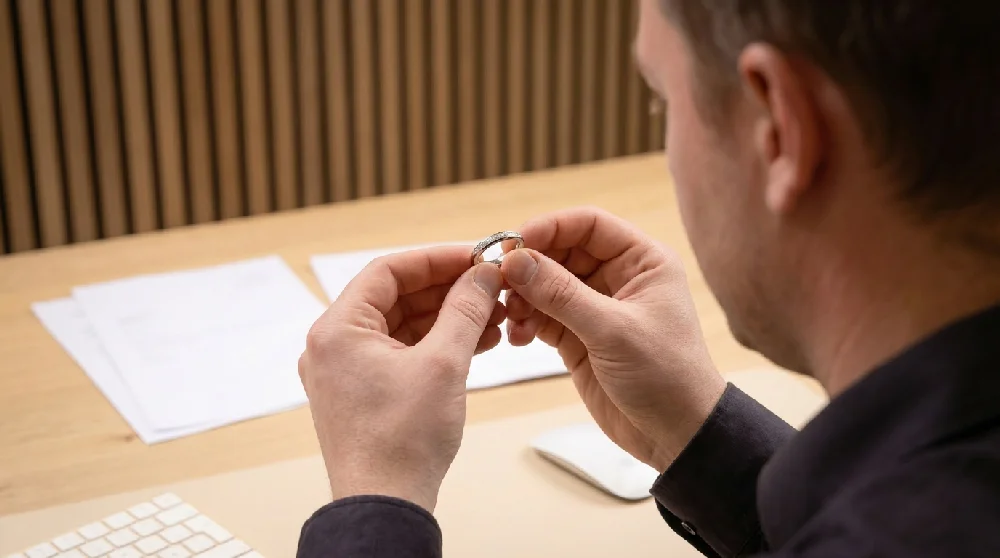 Juwelier die een Niessing Magnetring inspecteert op kwaliteit en echtheid