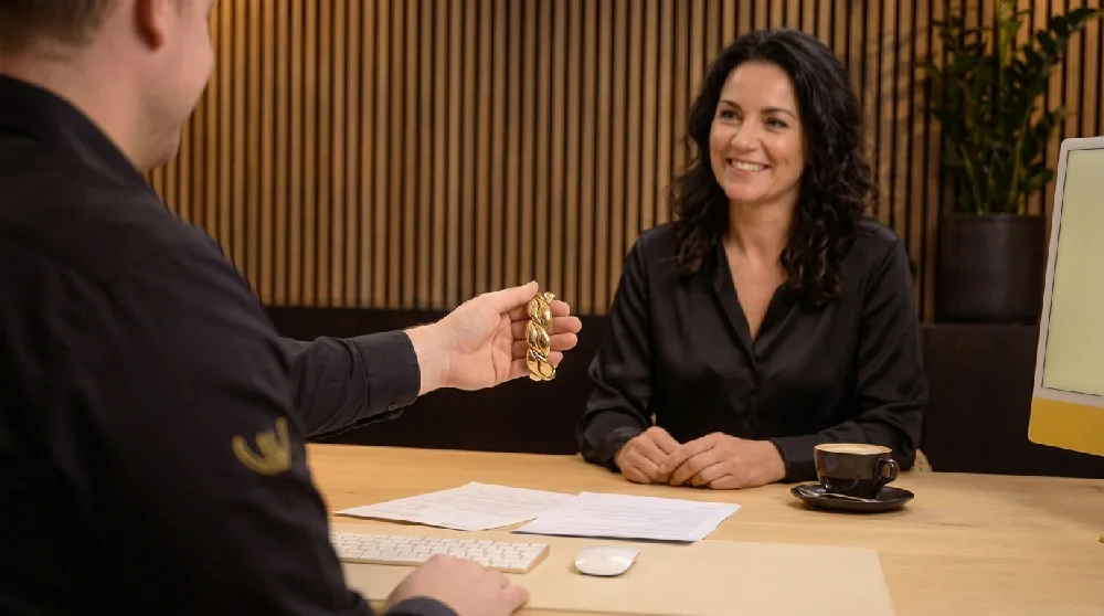Vrouw vult online formulier in voor verpanden Niessing Satelliten