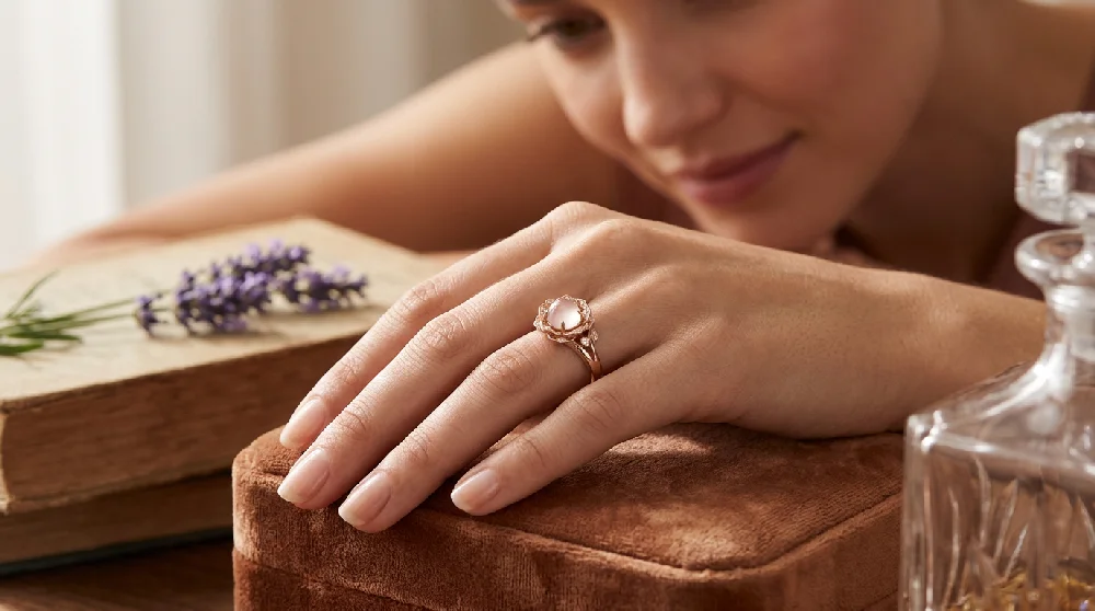 Een close-up van een hand die rust op een bruin fluwelen doosje, met aan de ringvinger een roségouden ring met een ronde, zachtroze edelsteen. Op de achtergrond kijkt een persoon glimlachend naar de hand. Links op tafel ligt een oud boek met een takje lavendel, en rechts staat een glazen parfumfles.